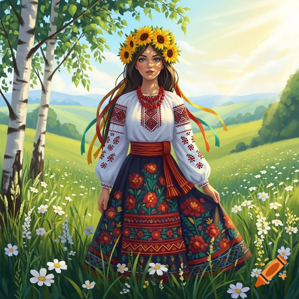 A young woman in traditional Ukrainian embroidered dress and a sunflower crown stands in a sunny green field with white flowers and birch trees.