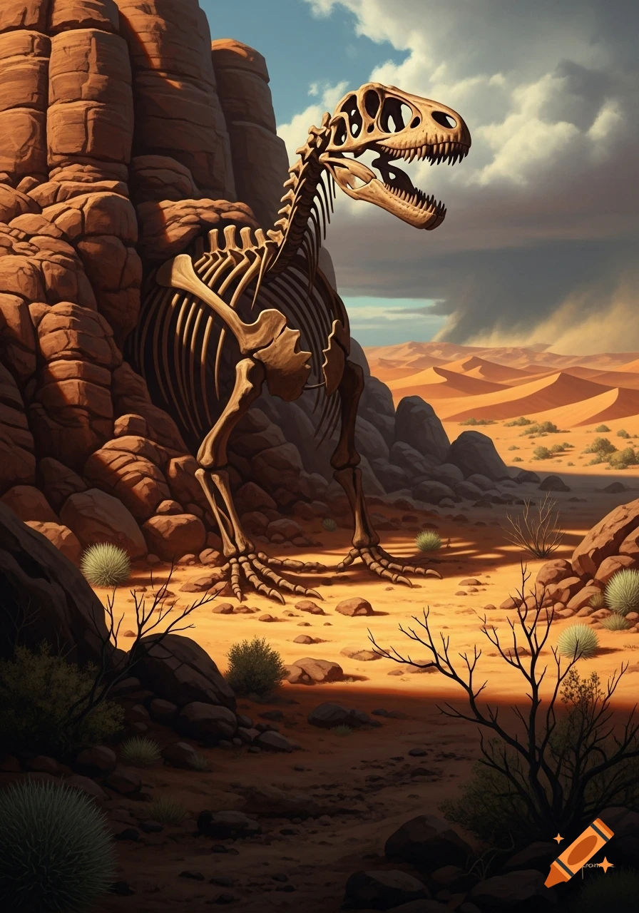 A large fossilized dinosaur skeleton stands upright in a rocky desert landscape under a partially cloudy sky.