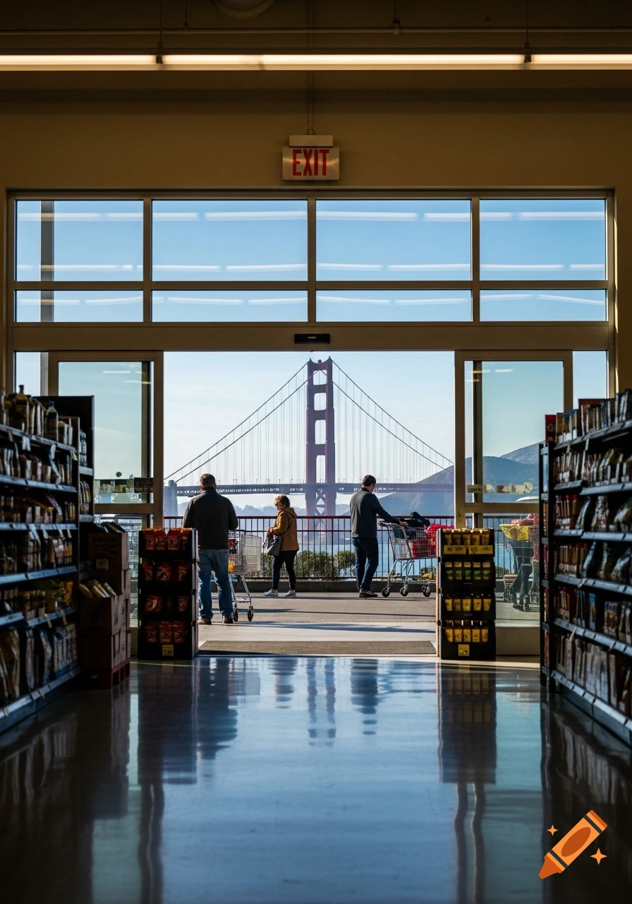 View from inside a supermarket, looking out glass doors towards the Golden Gate Bridge, with customers and shopping carts.