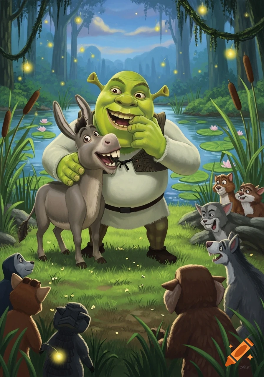 Shrek playfully embraces Donkey in a vibrant, moonlit swamp scene with fireflies and other cartoon animals.