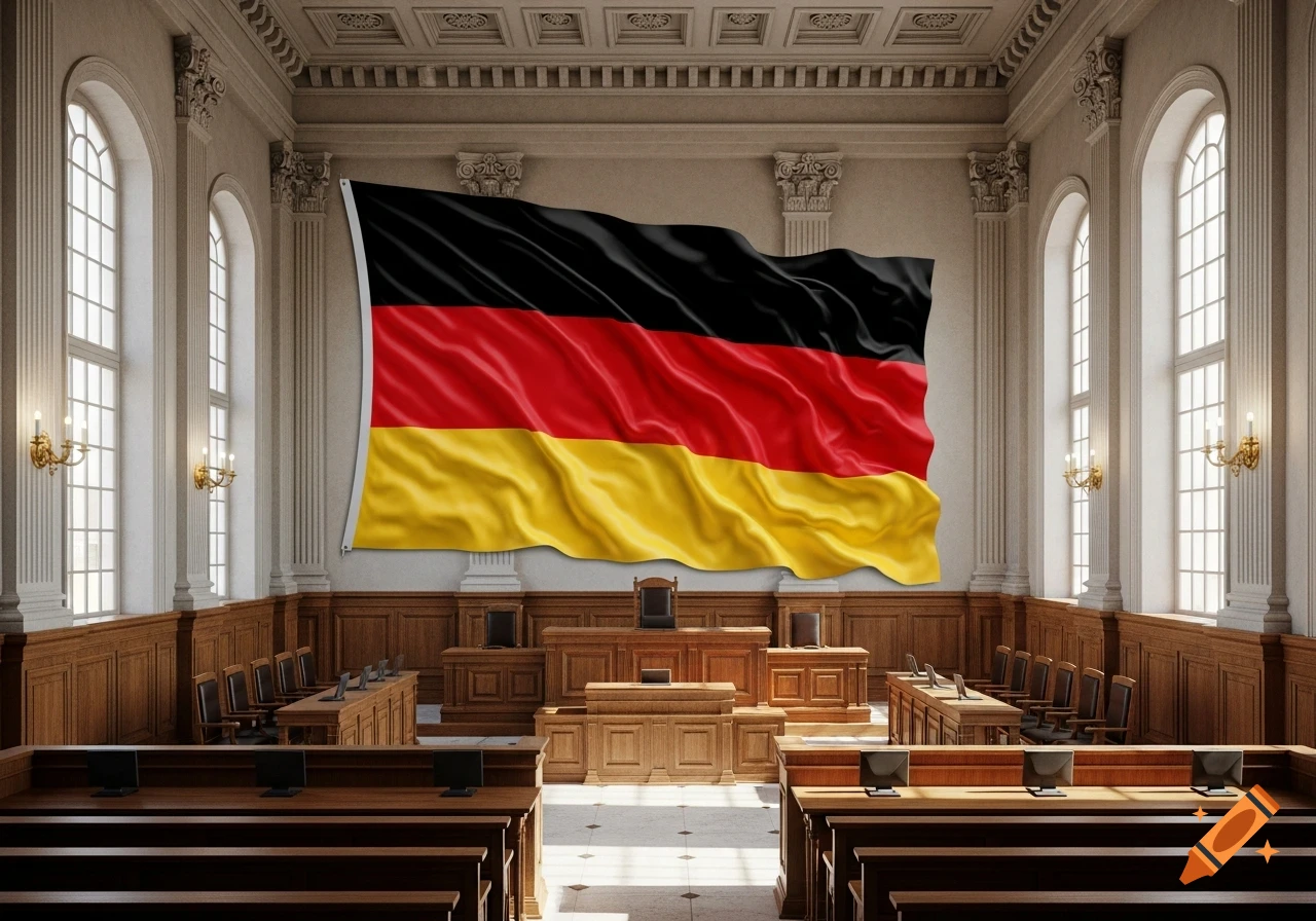 Photorealistic render of a large German flag on the wall of a formal, empty courtroom.