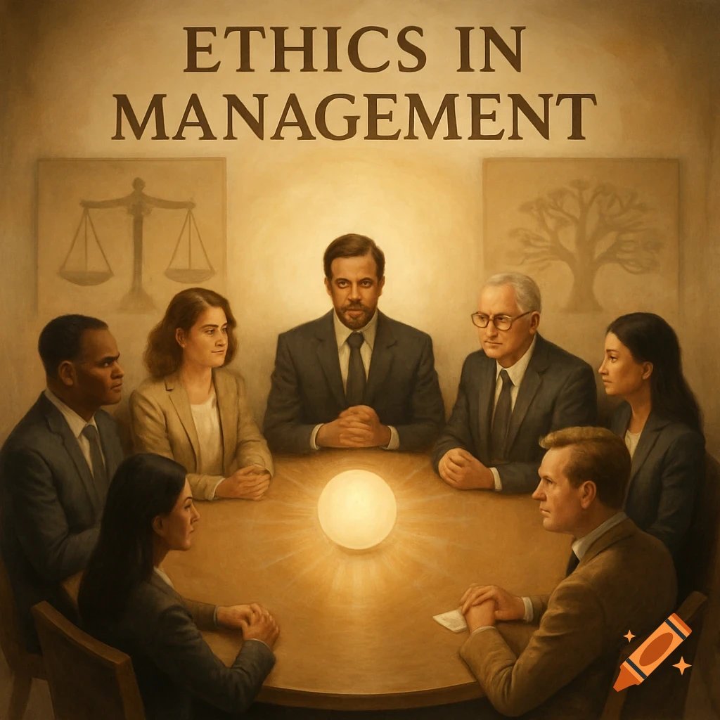 A group of diverse professionals sitting around a luminous table beneath the text 'Ethics in Management', with scales and a tree on the wall.