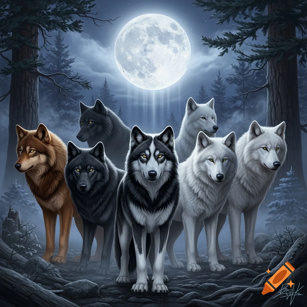 A pack of diverse wolves, including brown, black, white, and a black and white wolf, standing in a dark forest under a full moon.