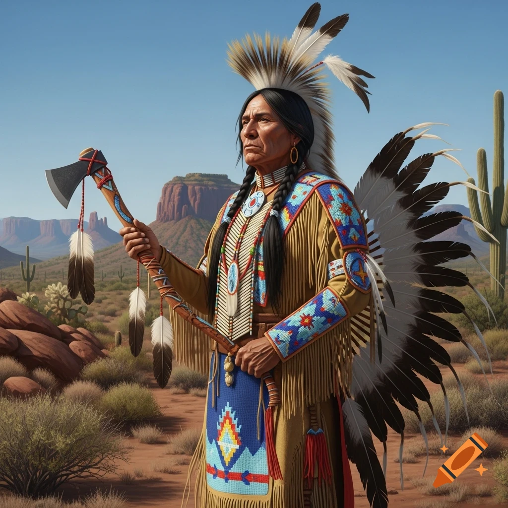 Photorealistic portrait of a Native American man in traditional feathered headdress and attire, holding a tomahawk in a desert with cacti and mesas.