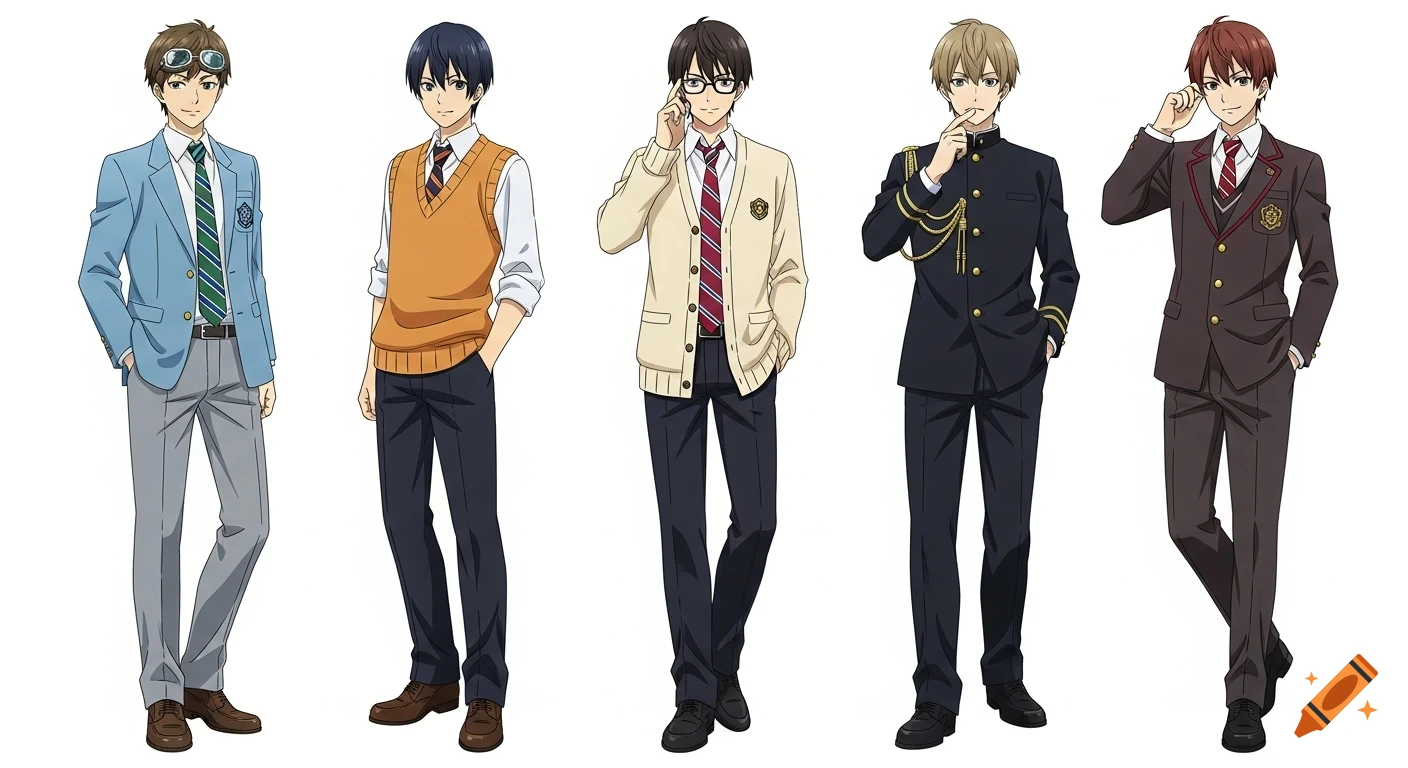 Five male anime characters in various school uniforms and outfits standing in a row on a white background.