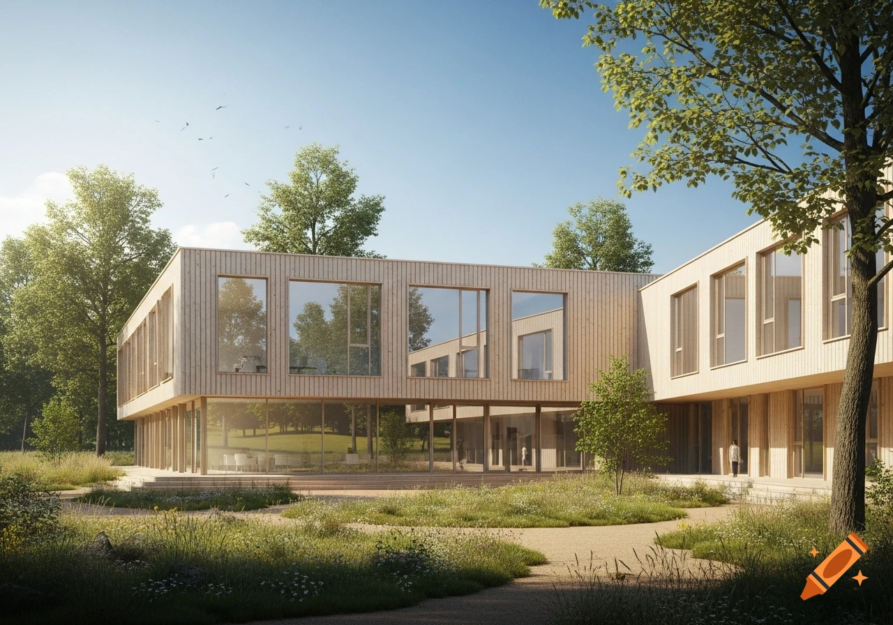 Photorealistic rendering of a modern, light wooden building with large windows, nestled in a lush green landscape under a clear sky.