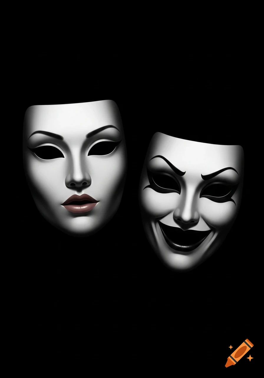 Two white theatrical masks, one neutral and one with a wide, dramatic smile, against a black background.
