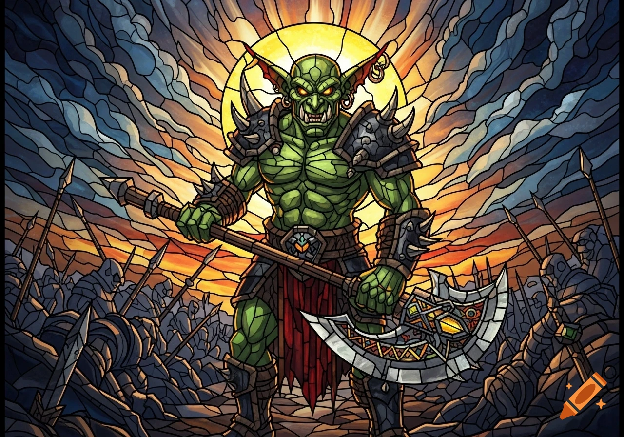 A green goblin warchief in spiked armor holds a large axe, with an army behind him, against a setting sun, in a stained glass art style.