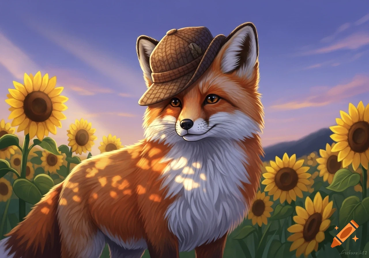 A cute fox wearing a brown cap stands in a vibrant field of sunflowers under a purple and orange sky.