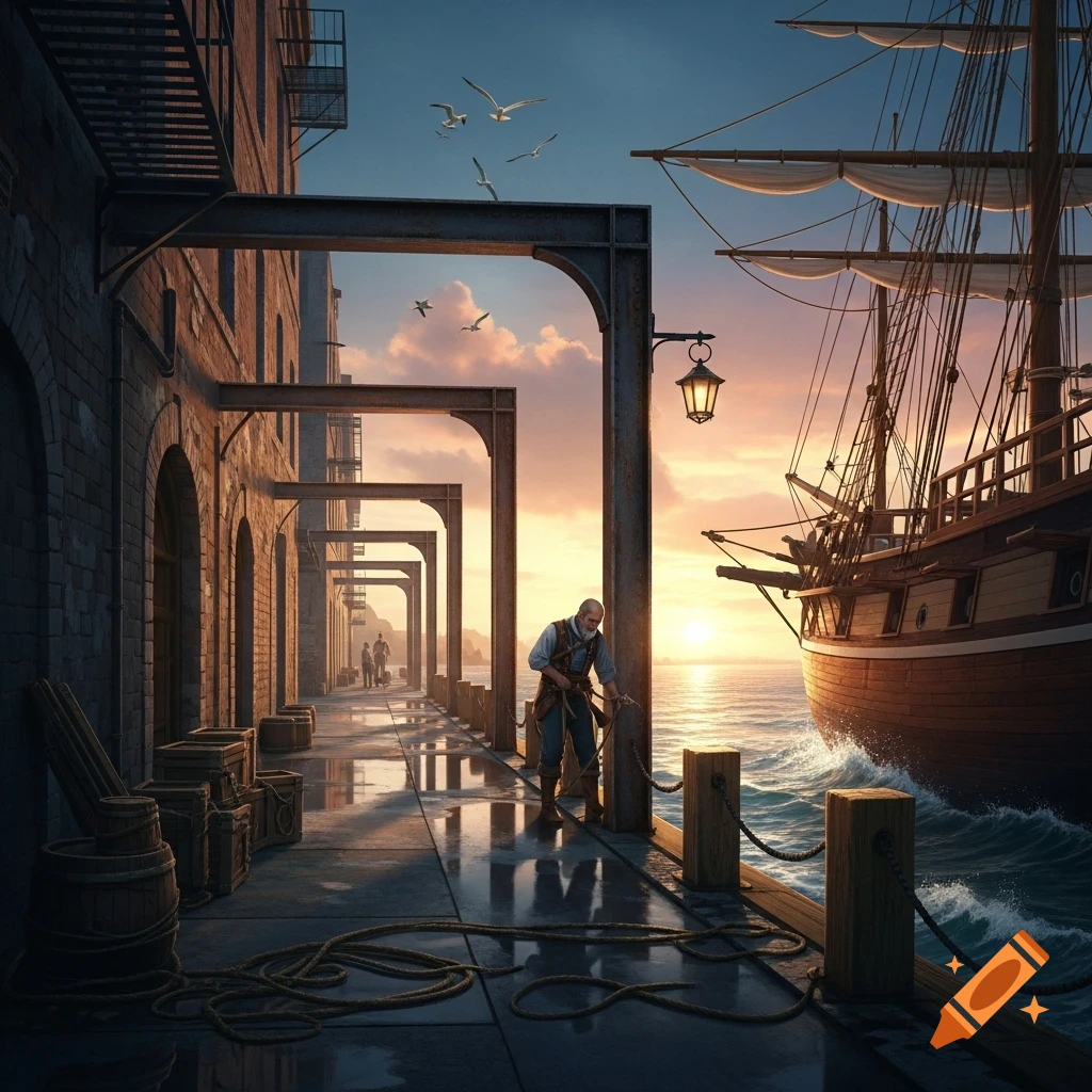 A man works on a dock with a large sailing ship at sunset, next to an old city building, photorealistic style.
