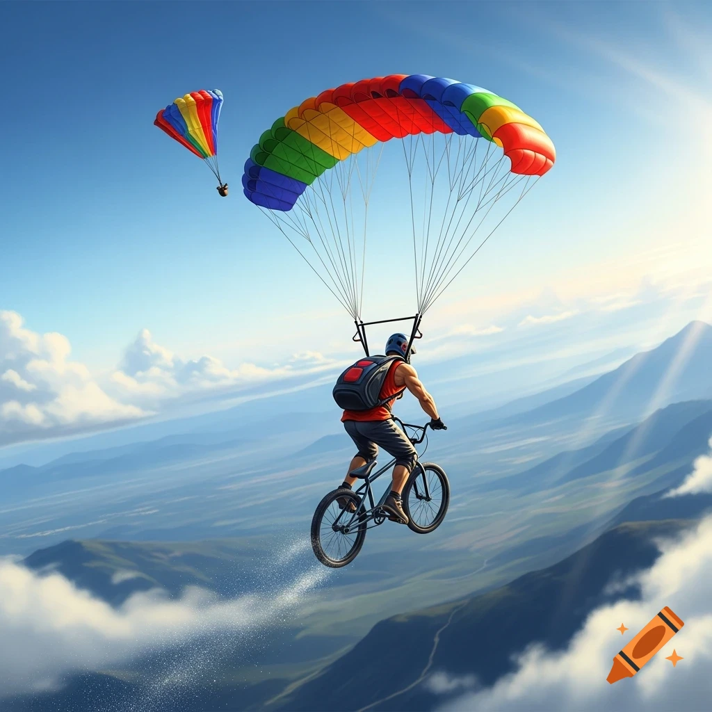 A person on a BMX bike attached to a rainbow parachute, soaring high above green mountains under a bright blue sky.