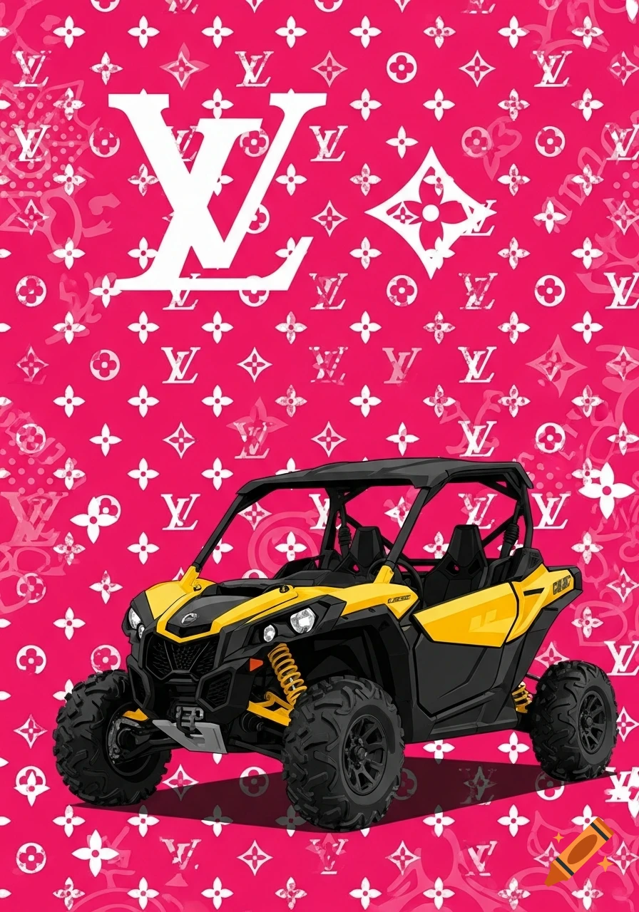 A yellow Can-Am side-by-side vehicle with large tires on a hot pink background patterned with white Louis Vuitton inspired monograms and logos in vector art style.