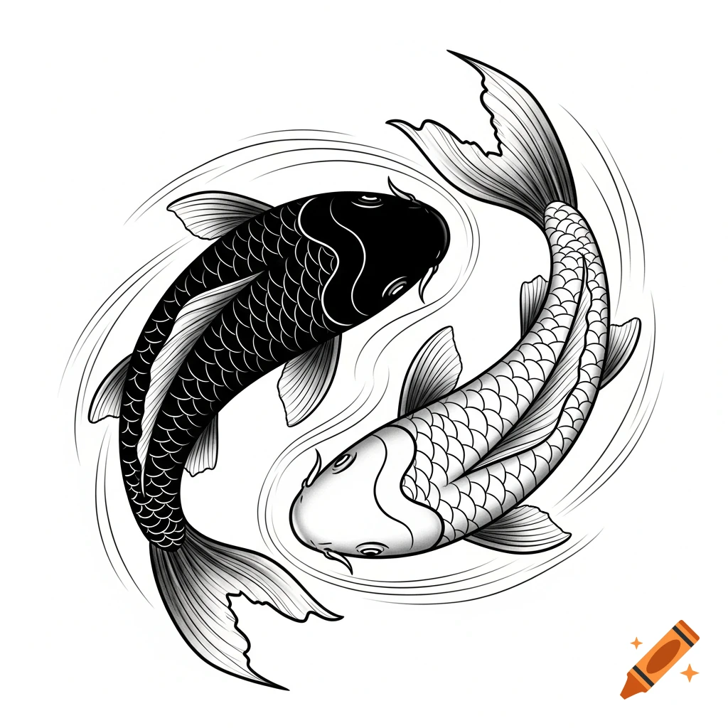 Two stylized black and white koi fish in a yin-yang arrangement, depicted as clean line art.