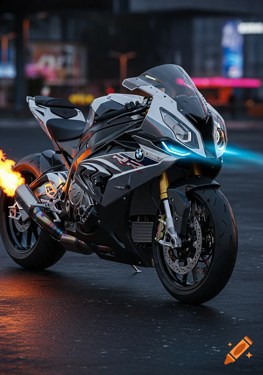 Customized BMW S1000RR sportbike with blue neon headlights and flames from exhaust, parked on a wet road at night.