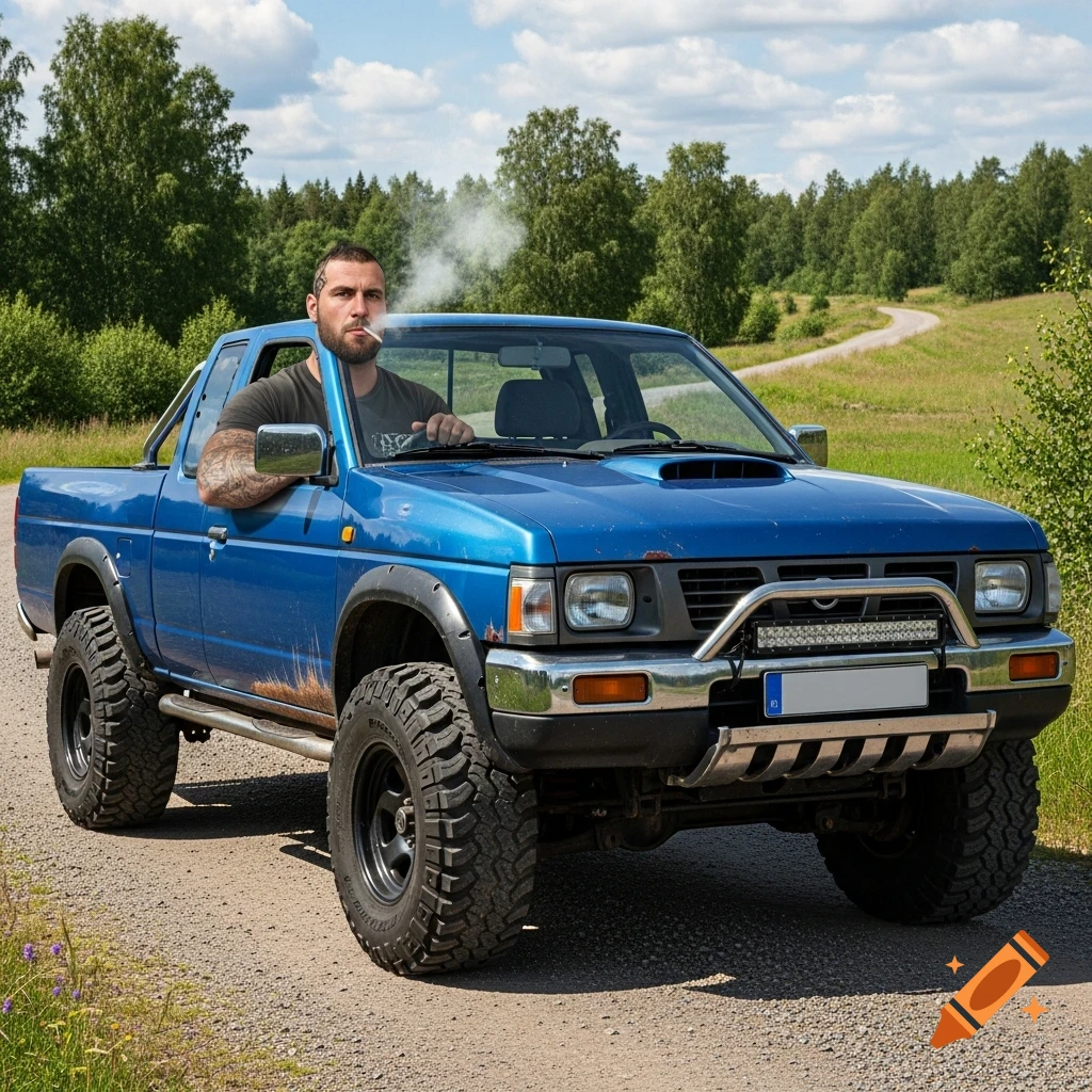 A heavily built man sits in a blue, worn Nissan King Cab pickup truck with large mudding tires on a gravel road. He holds a cigarette, exhaling smoke, against a backdrop of trees and a cloudy sky.