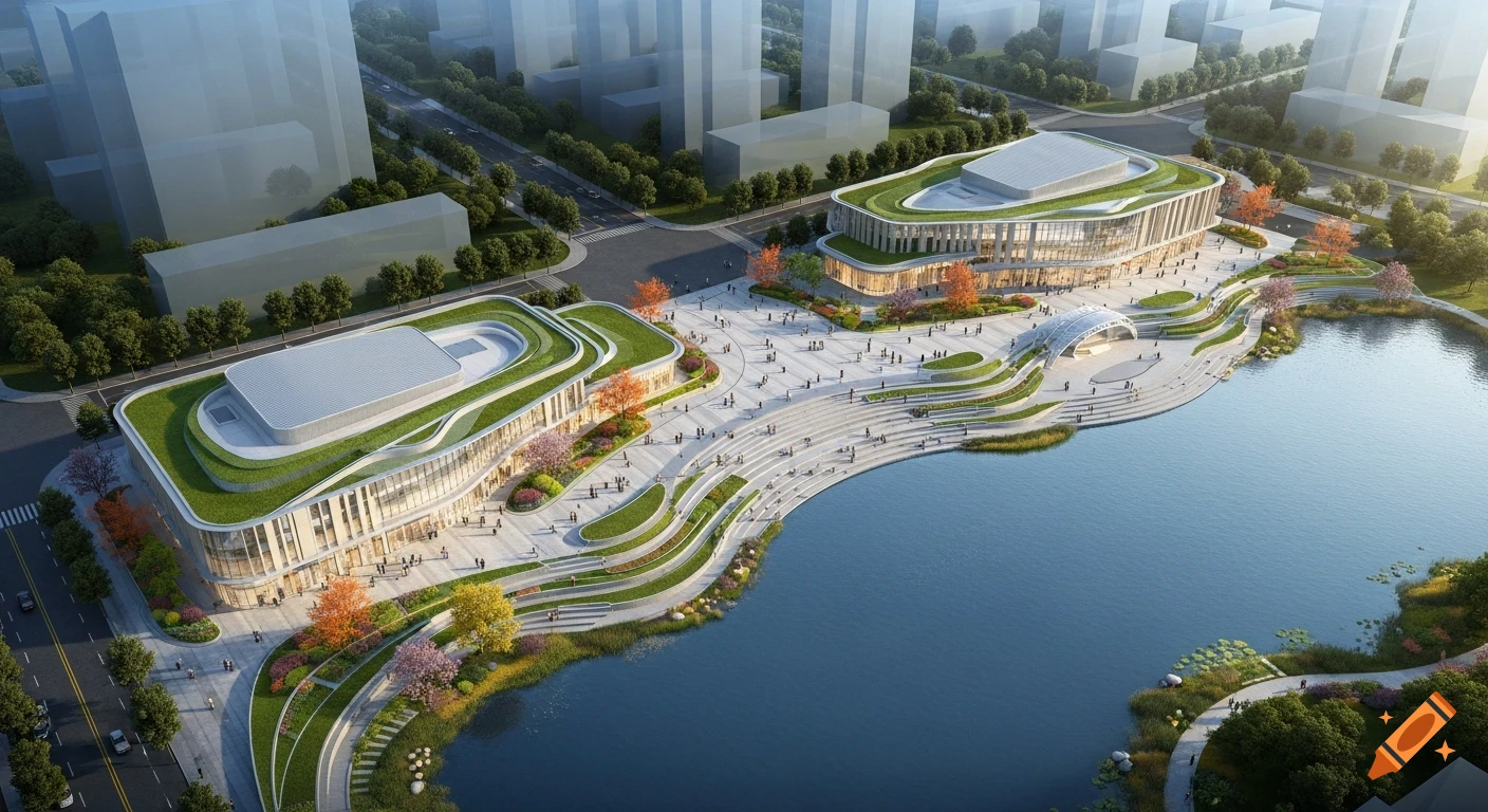 Aerial view of a modern civic center with curvilinear buildings, an urban square, and a large lake surrounded by a lush park.