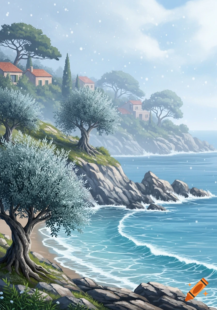 Painted Mediterranean winter landscape featuring olive trees, coastal houses, and blue waves on a rocky shore under a light blue sky.