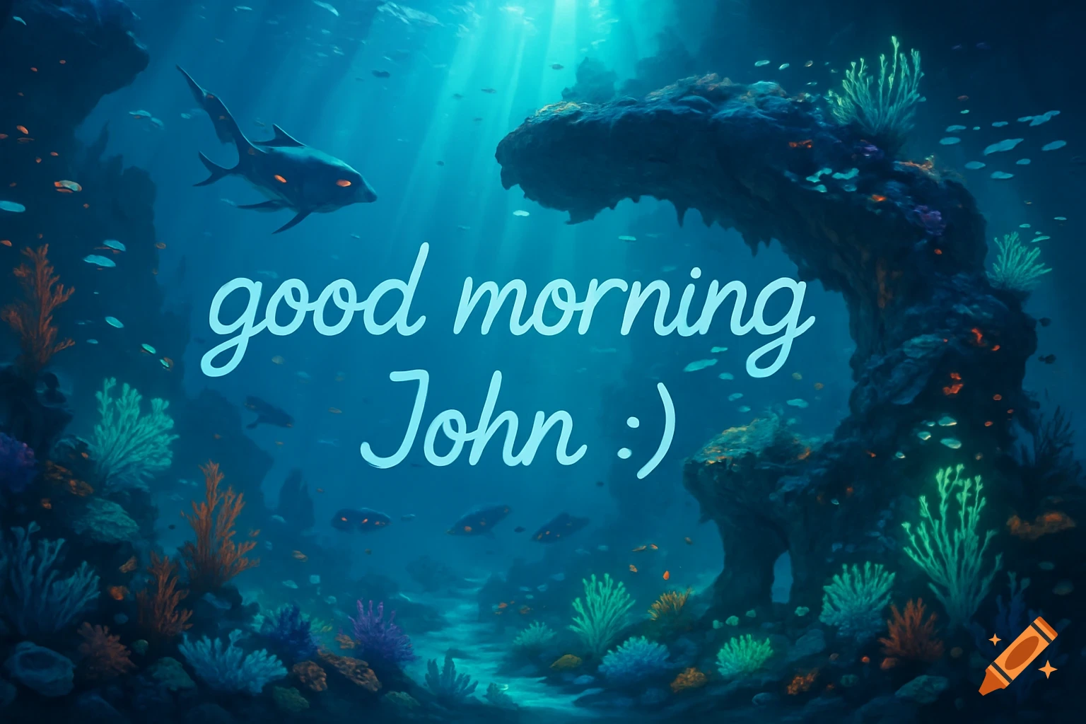 An artistic underwater scene with a stylized fish, diverse corals, and sunrays, featuring the text "good morning John :)".