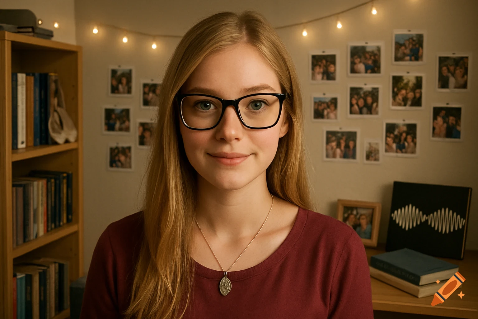 A smiling young blonde woman with black glasses, wearing a burgundy shirt and a pendant, sits in a cozy room with fairy lights and wall photos.