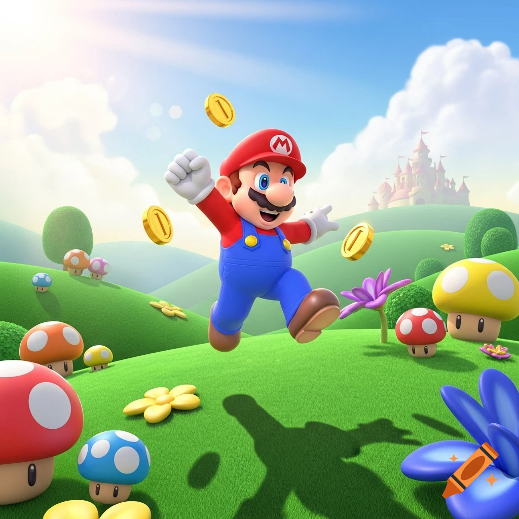 Mario jumps joyfully, collecting golden coins in a vibrant, cartoon-style green landscape with colorful mushrooms and a distant castle.