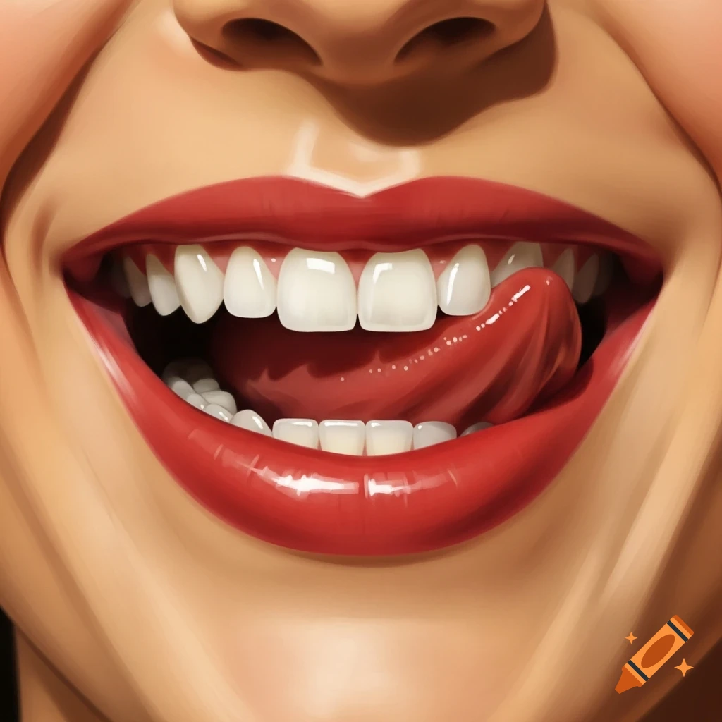 Close-up of a person's mouth with shiny red lipstick, white teeth, and a tongue licking the inside of the lower teeth.