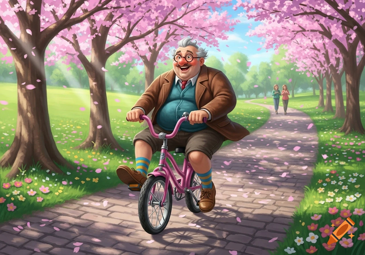 A cheerful, portly cartoon man rides a small pink bicycle through a park filled with pink cherry blossom trees, with petals falling.