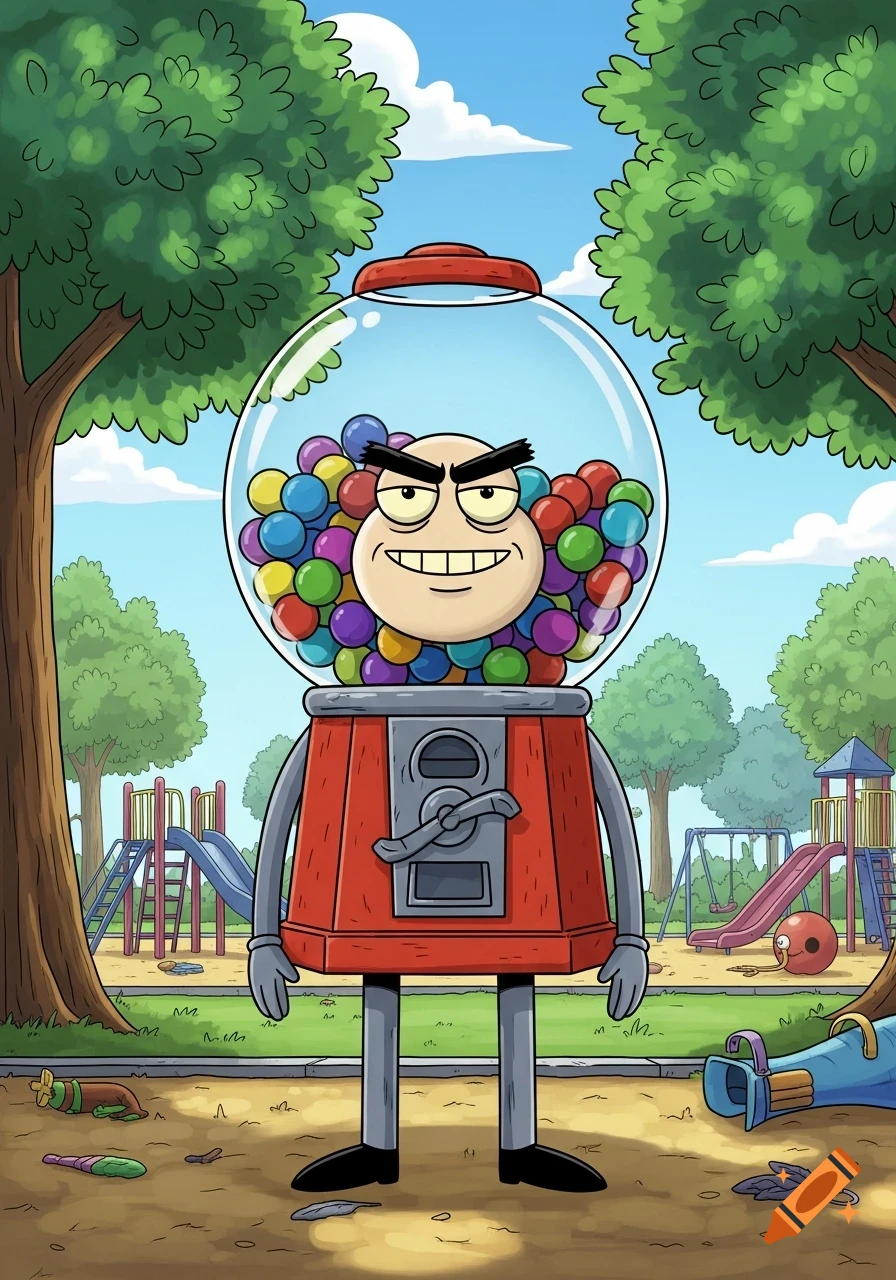Cartoon gumball machine with a grumpy face, resembling Benson from Regular Show, in a sunny playground.