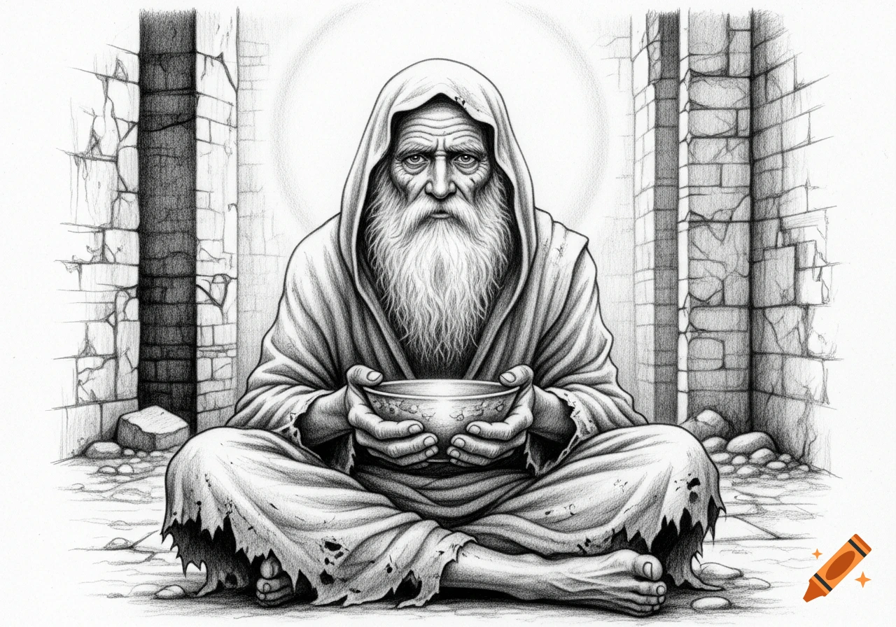 A black and white pencil drawing of an old, bearded man in a hooded, ragged robe, sitting cross-legged and holding a small bowl.