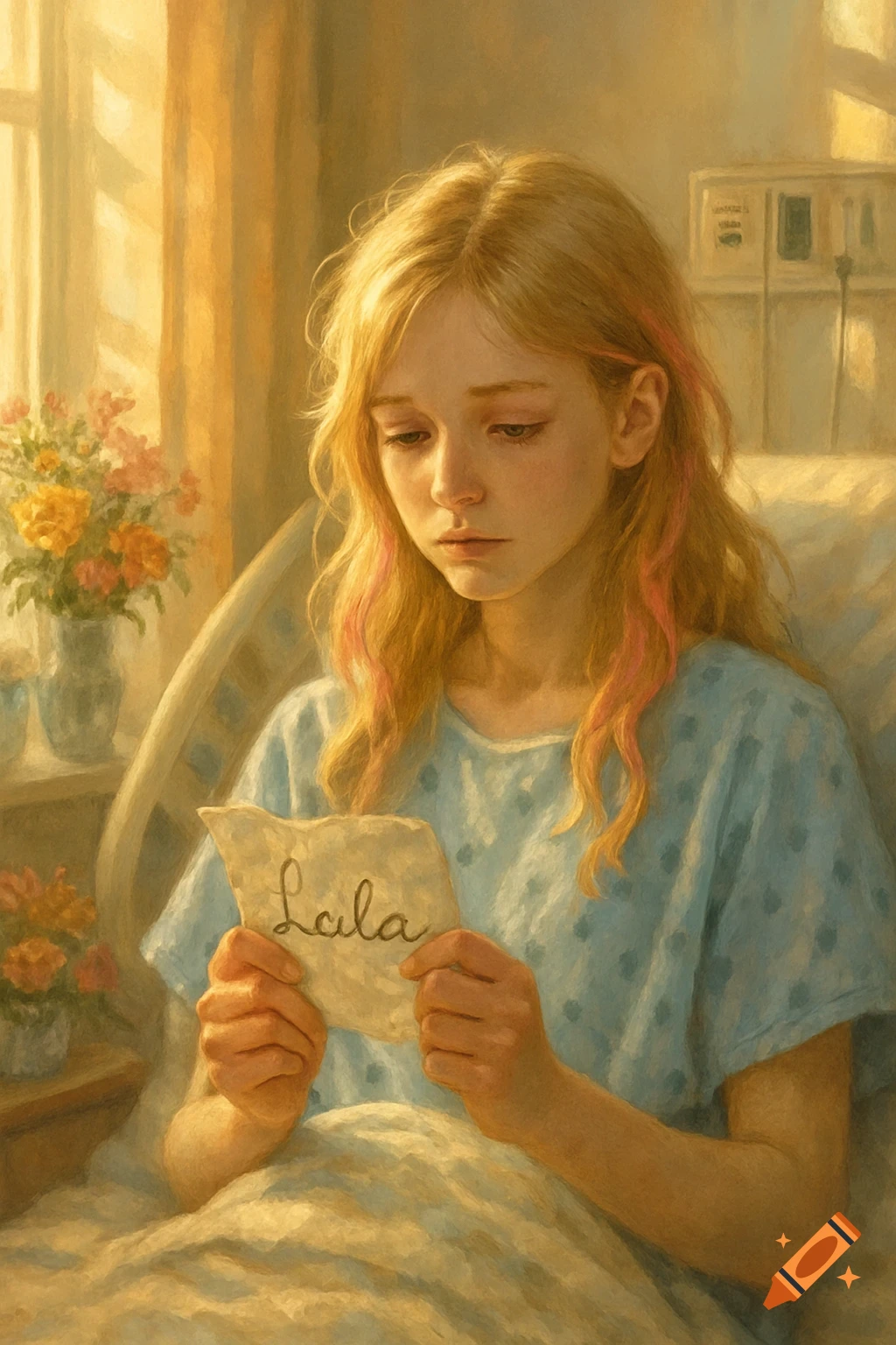 A girl with blonde hair and pink highlights sits in a hospital bed, looking down at a paper that says 'Lala', in a painterly style.