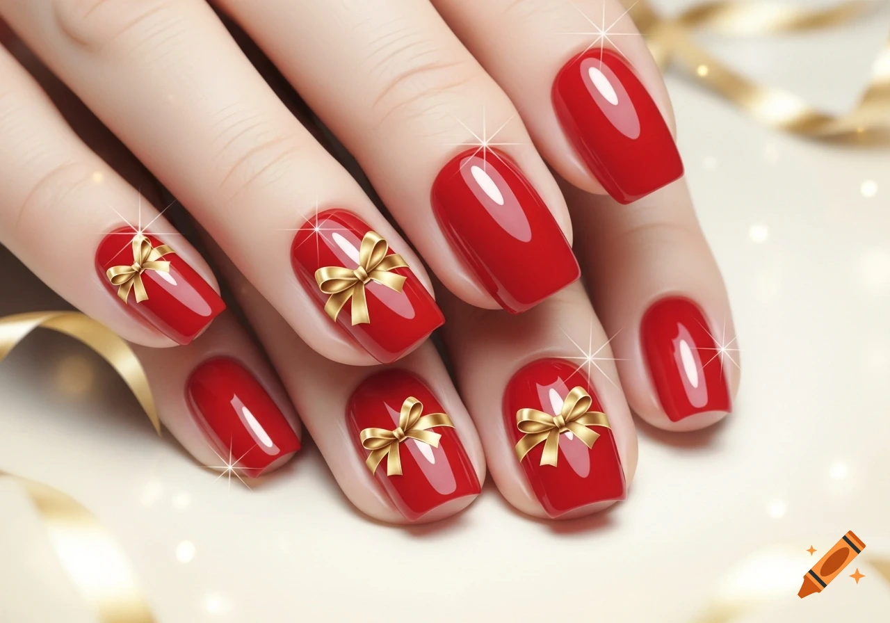 Close-up of a hand with shiny red nails, some adorned with small golden gift ribbons, against a festive background.
