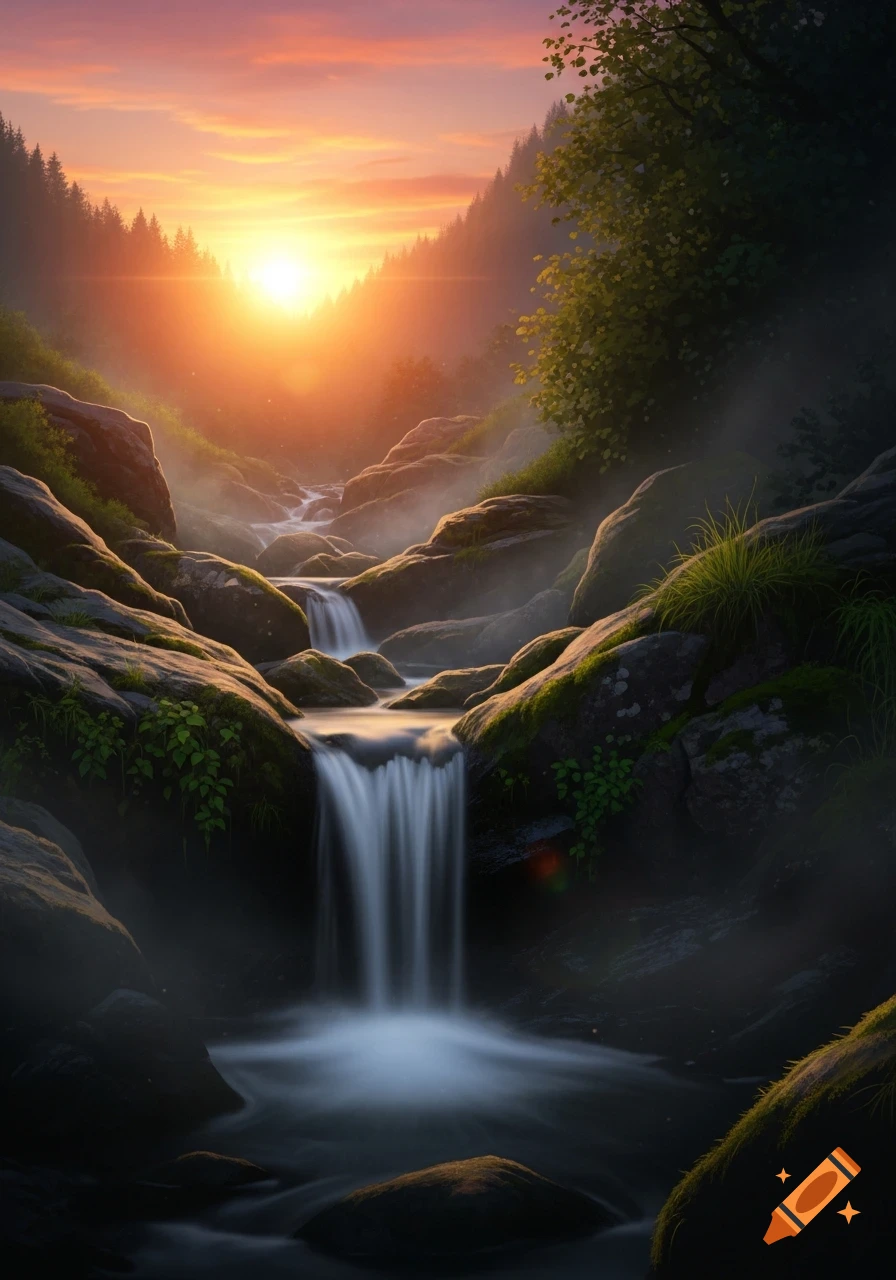 Multiple waterfalls cascade over mossy rocks in a forested valley, bathed in the warm glow of a sunset.
