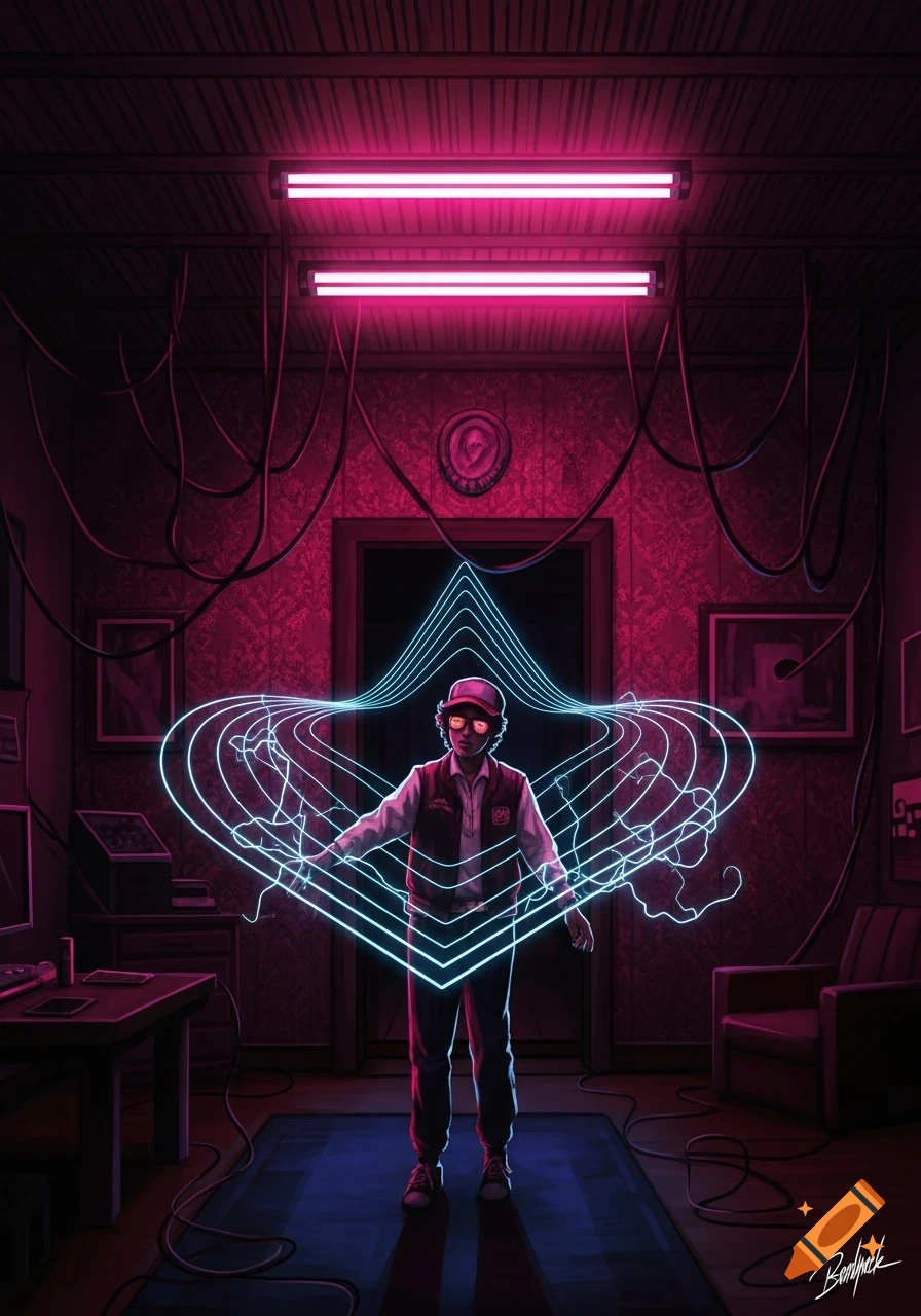 A character in a cap and vest stands amidst glowing blue neon lines in a dark, pink-lit room with hanging wires, in a retro sci-fi art style.