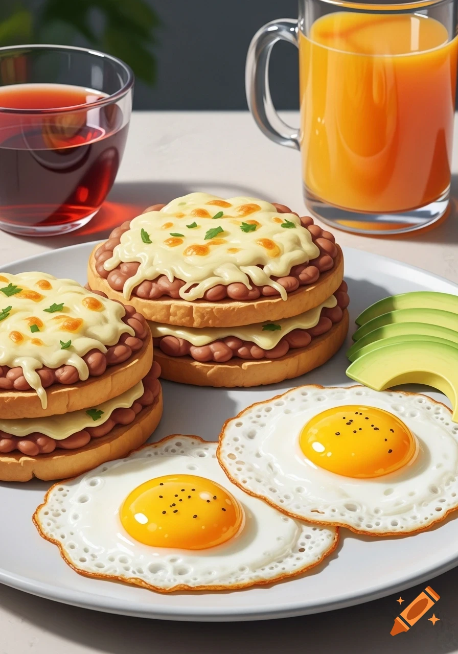 A breakfast plate with two bean and cheese molletes, two fried eggs, avocado slices, and drinks in the background. Photorealistic style.