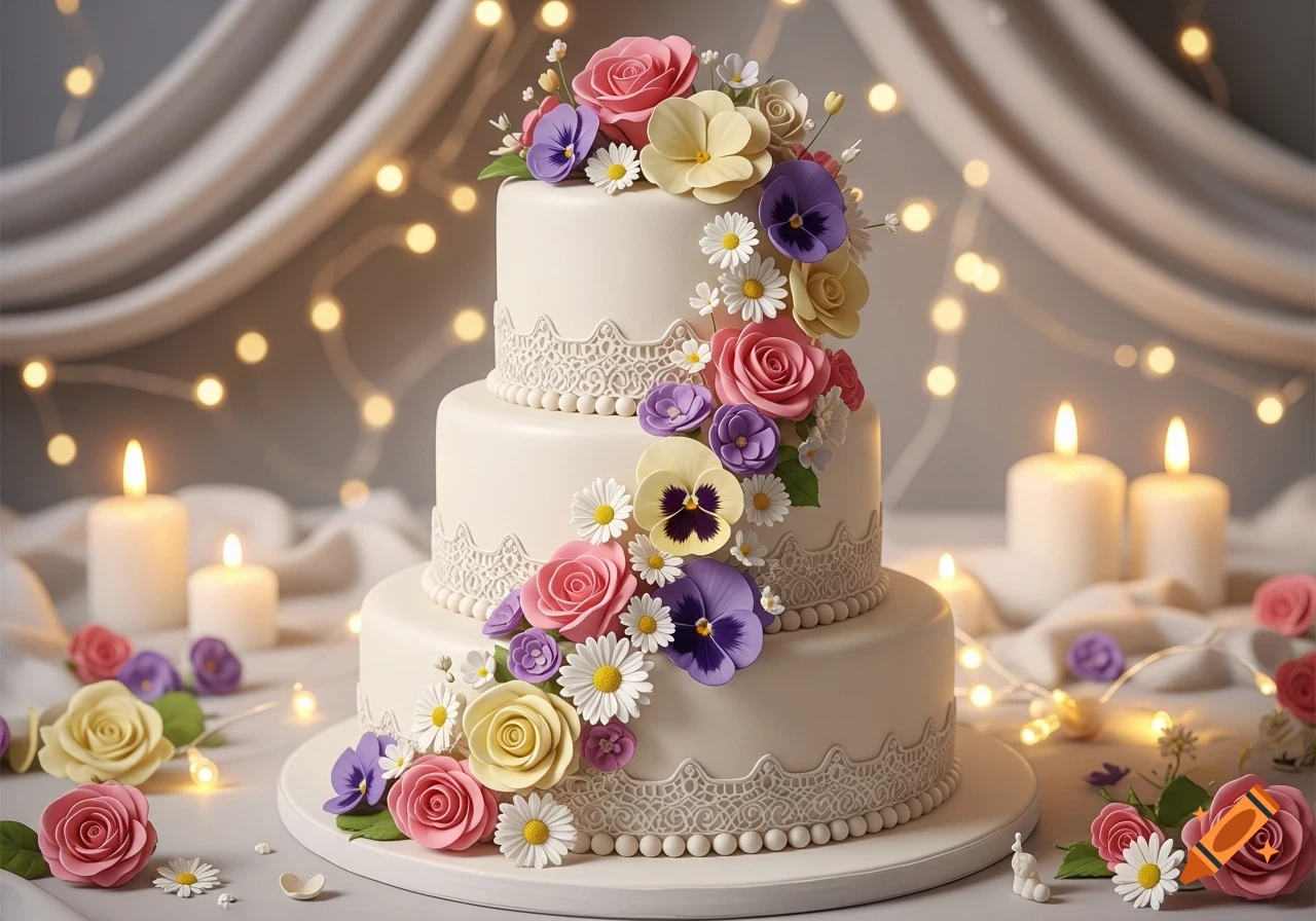 A three-tier white wedding cake adorned with pink roses, purple pansies, yellow flowers, and white daisies, surrounded by lit candles and fairy lights.