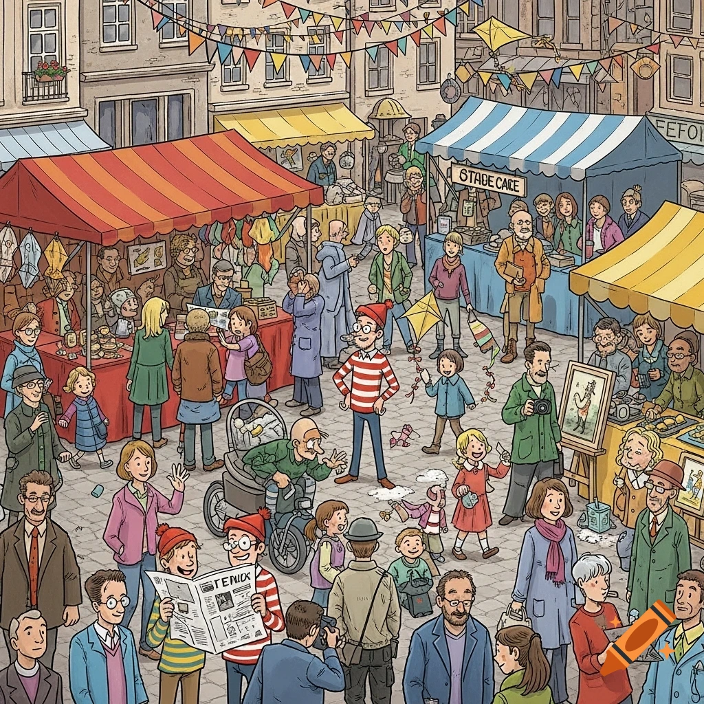 A busy cartoon market scene with many people browsing stalls under colorful awnings, reminiscent of Where's Waldo.