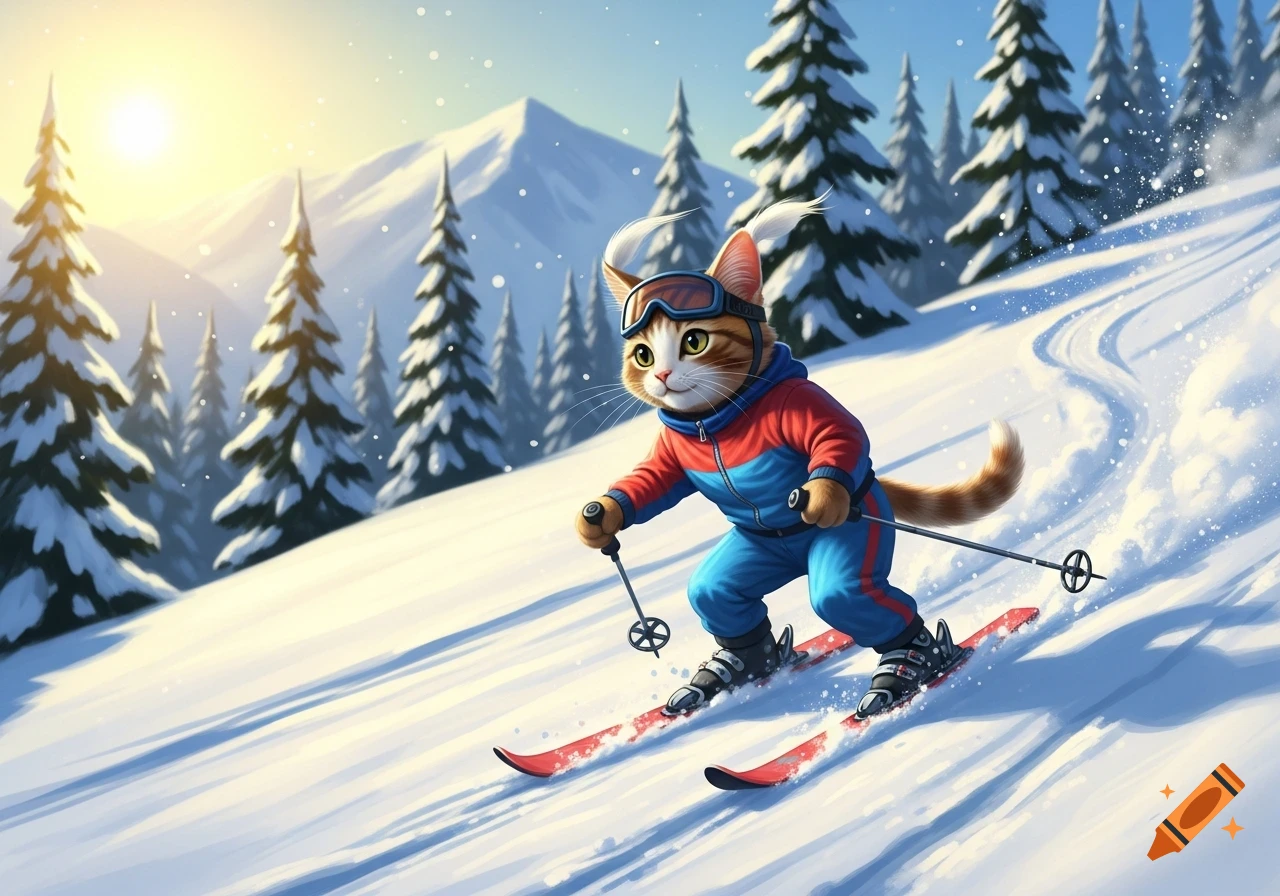 A cartoon cat wearing ski goggles and a blue and red ski suit skis down a snowy mountain slope with pine trees.