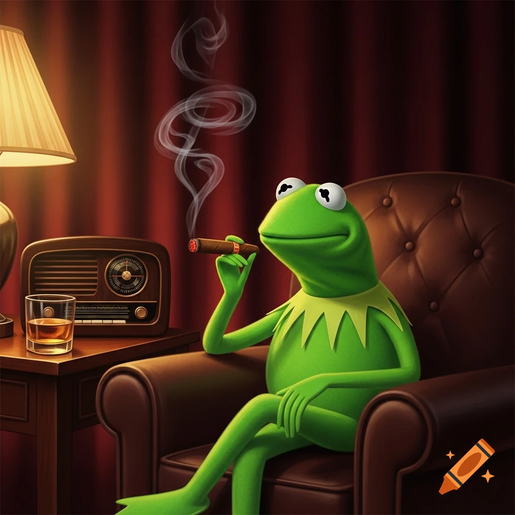 Kermit the Frog relaxes in a brown armchair, smoking a cigar, with a drink and vintage radio nearby.