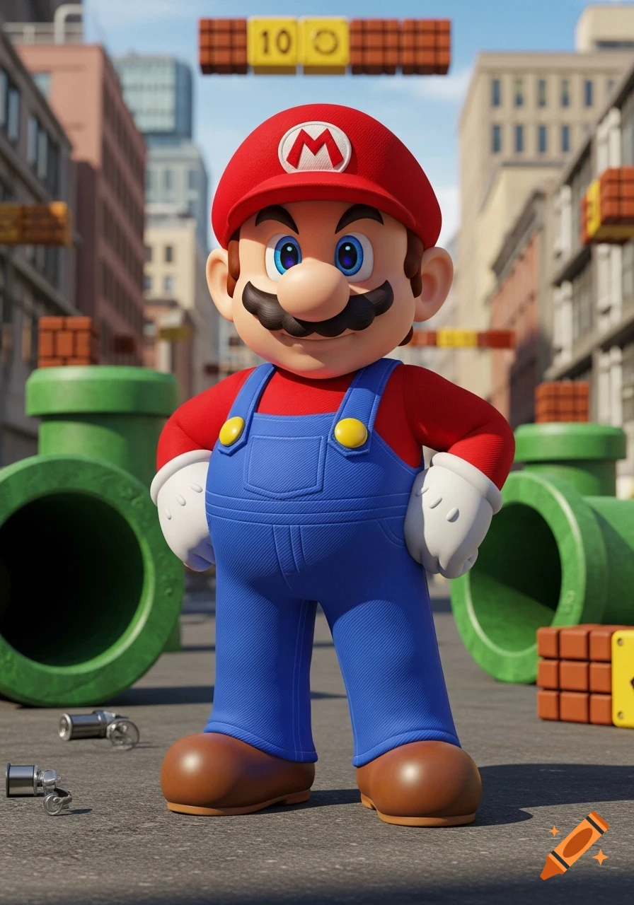 A realistic 3D render of Mario in a city street, standing with hands on his hips, surrounded by green pipes and brown blocks.