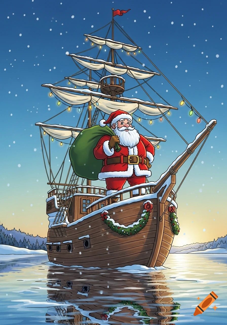 Santa Claus on a snowy ship sailing on water under a blue sky, in a vibrant comic style.
