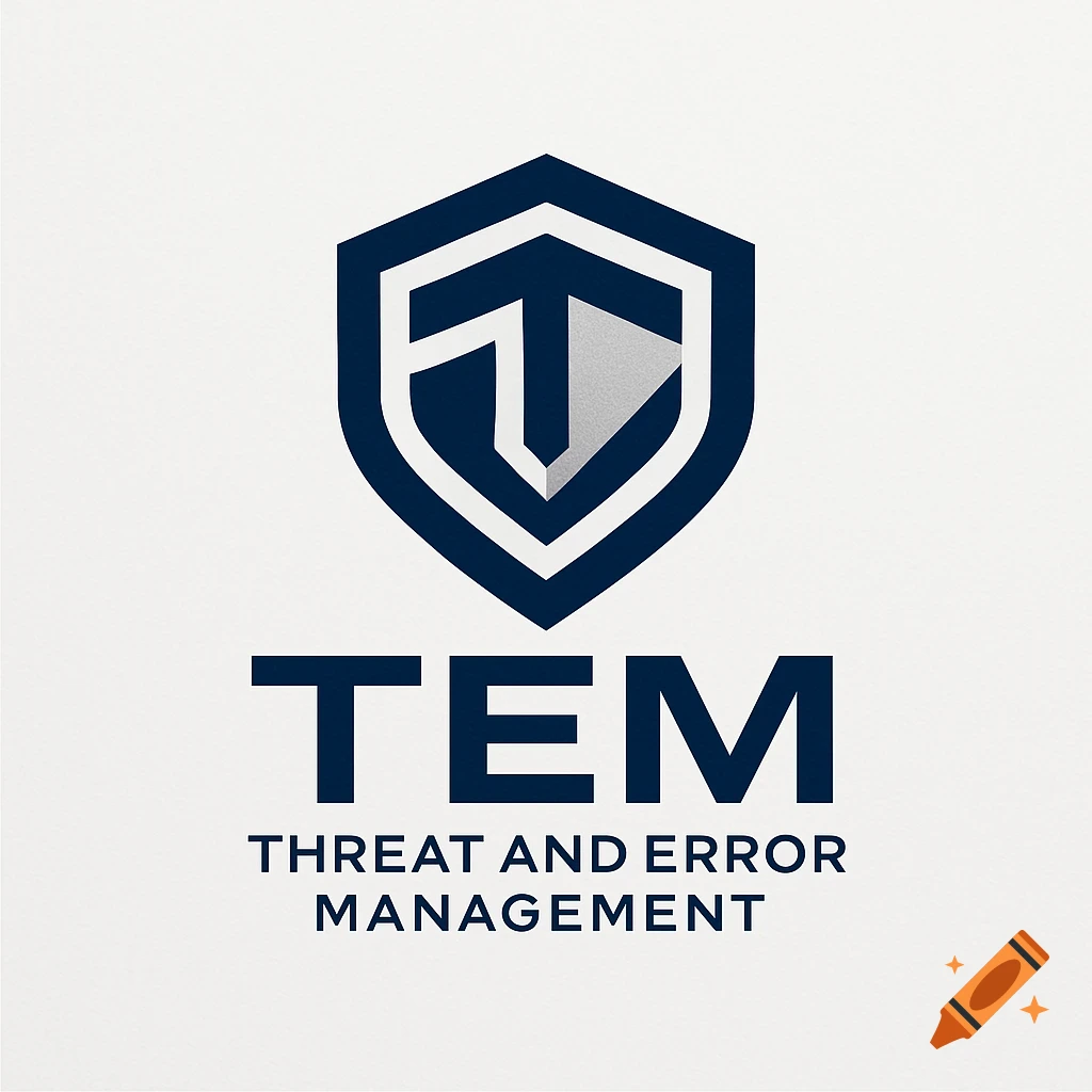 A modern logo with a blue and silver hexagonal shield containing abstract 'T' and 'E', above the text 'TEM THREAT AND ERROR MANAGEMENT'.