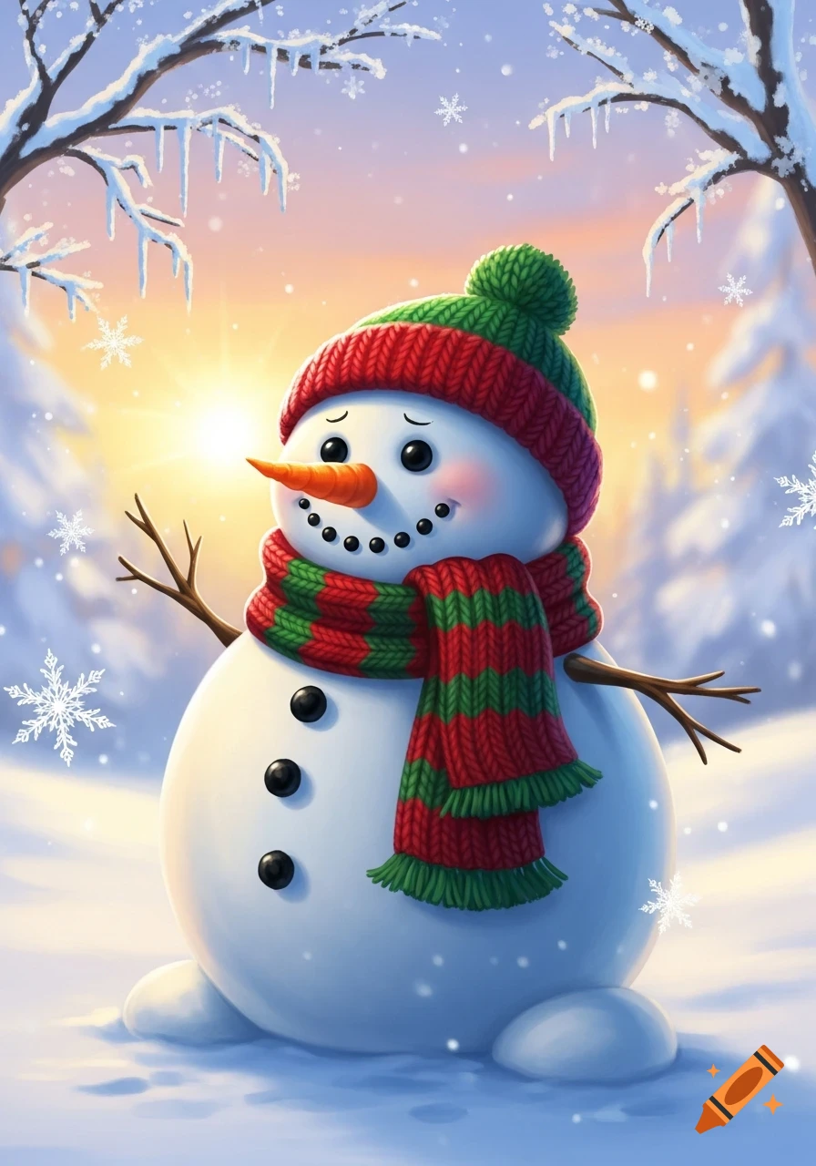 A cheerful cartoon snowman with a red and green striped hat and scarf in a snowy winter landscape with a glowing sunset and falling snowflakes.
