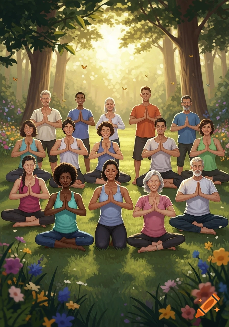 A diverse group of men and women performing yoga and meditating outdoors in a sunny forest clearing among wildflowers.