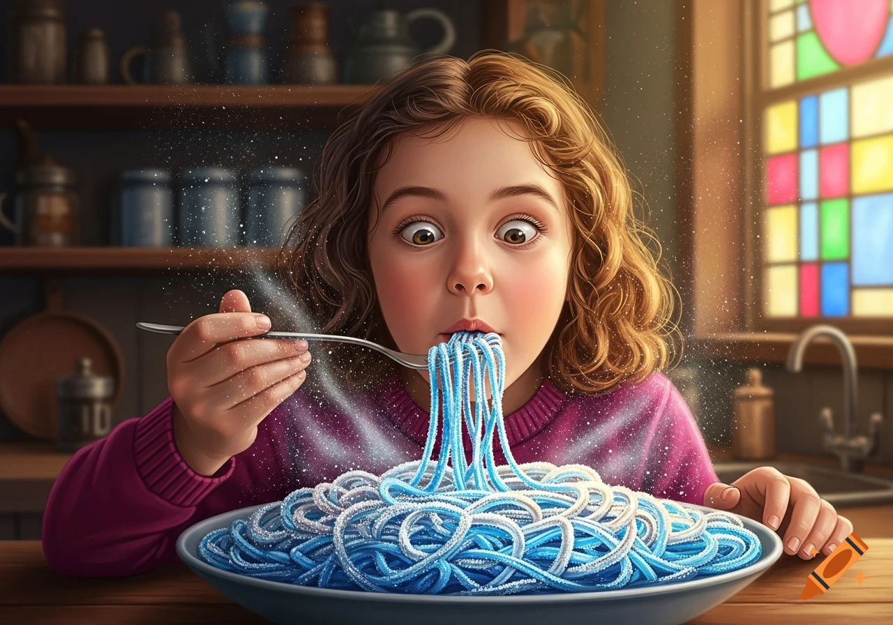 A surprised girl with wide eyes eats blue and white ice spaghetti in a whimsical, photorealistic kitchen scene.