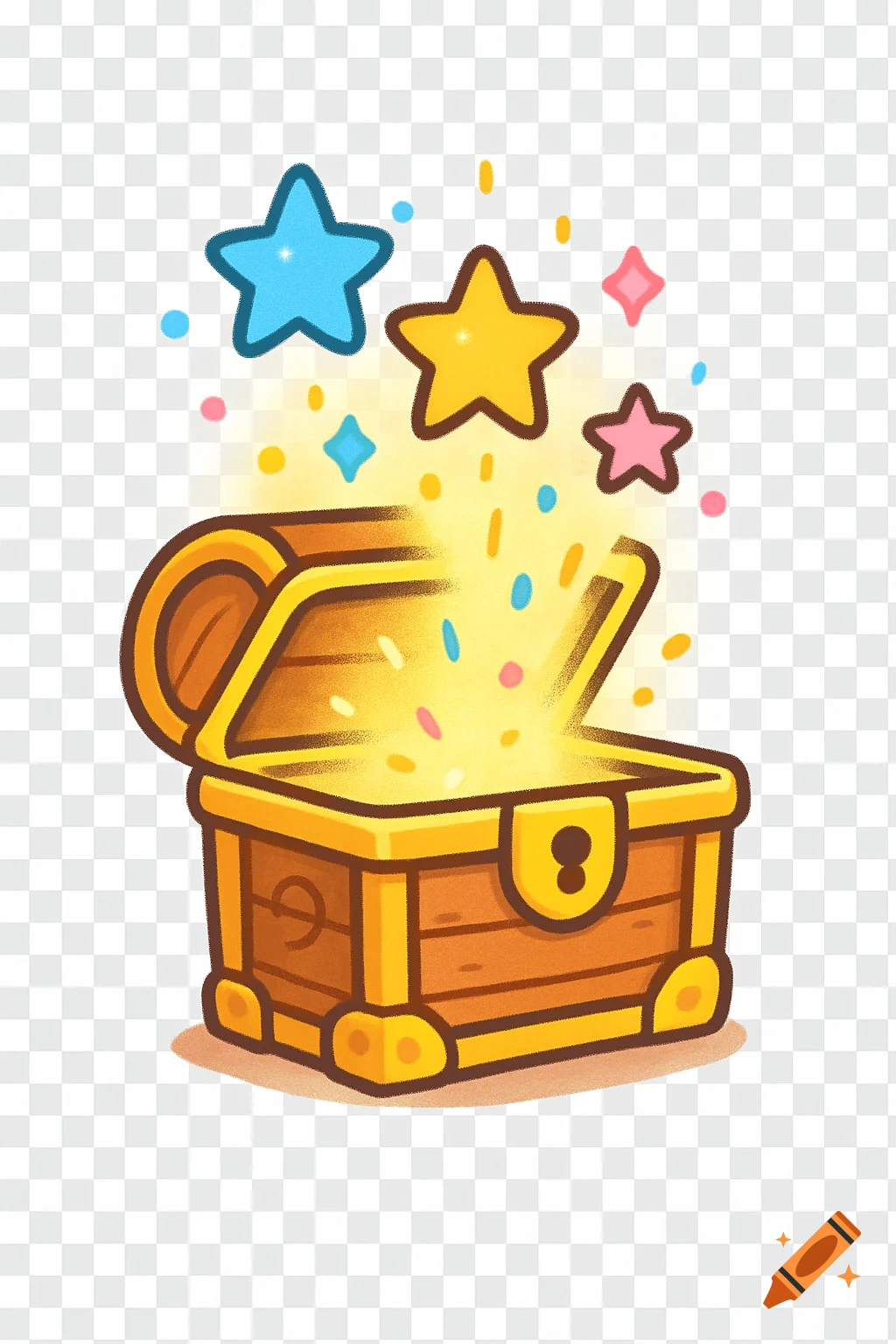 A vibrant cartoon illustration of an open treasure chest emitting golden light, colorful confetti, and magic stars.