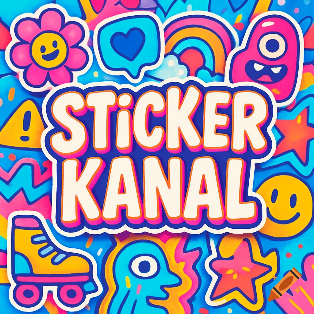 Colorful graphic with "STICKER KANAL" text surrounded by cartoon stickers including a flower, heart, rainbow, monster, and roller skate.