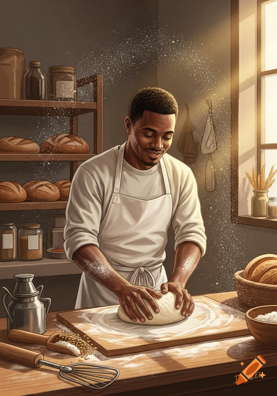 A smiling Black man in an apron kneads dough in a sunlit bakery, surrounded by bread and baking ingredients. Detailed illustration style.