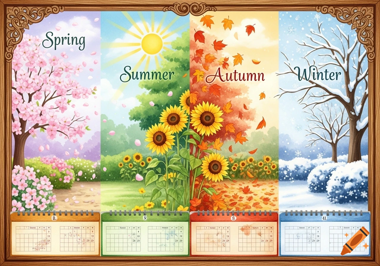 Watercolor illustration depicting the four seasons, Spring with pink blossoms, Summer with sunflowers, Autumn with falling leaves, and Winter with snow, all framed in wood with illegible calendars below.