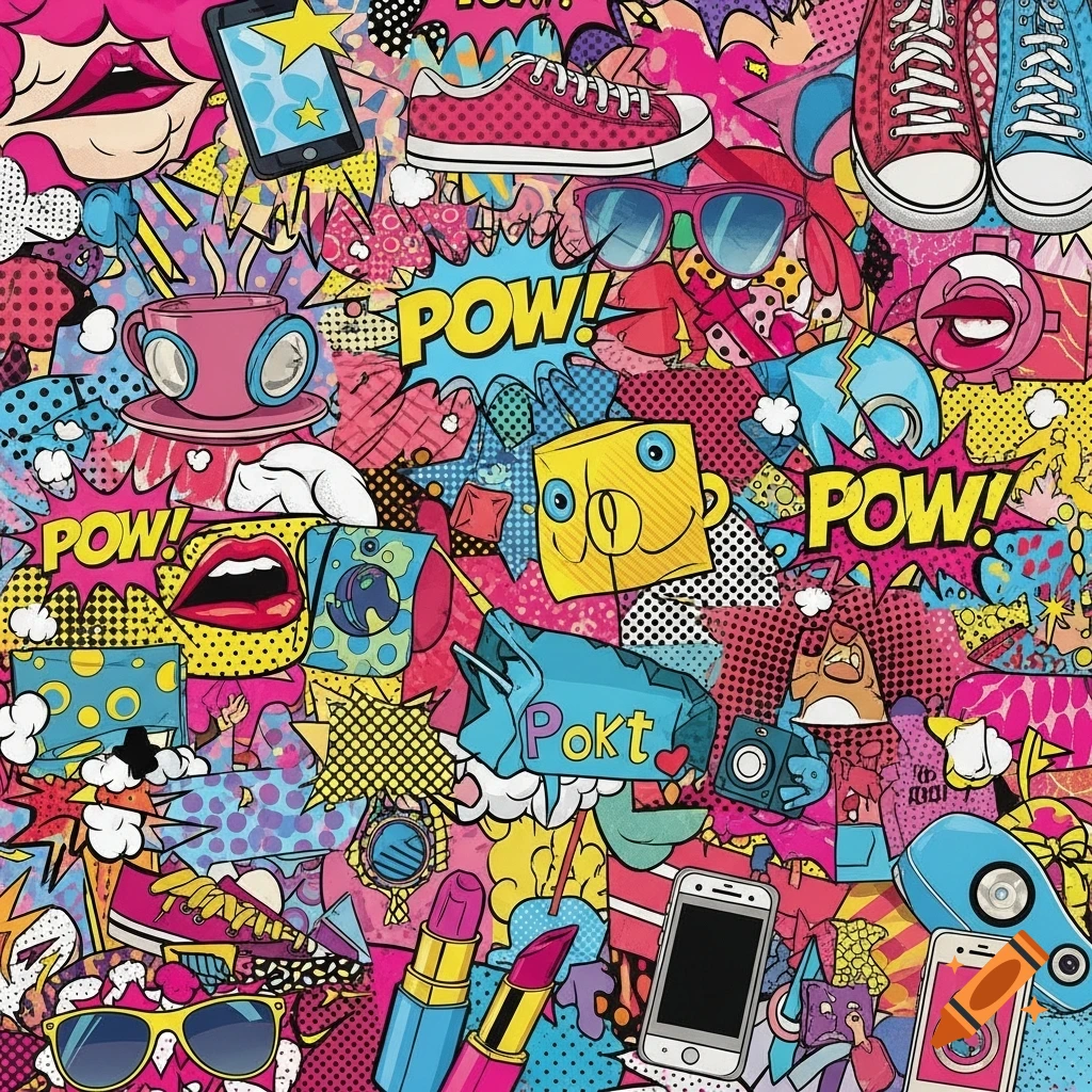 A vibrant, colorful Pop Art collage featuring everyday objects like sneakers, sunglasses, smartphones, lipstick, coffee, and 'POW!' speech bubbles.