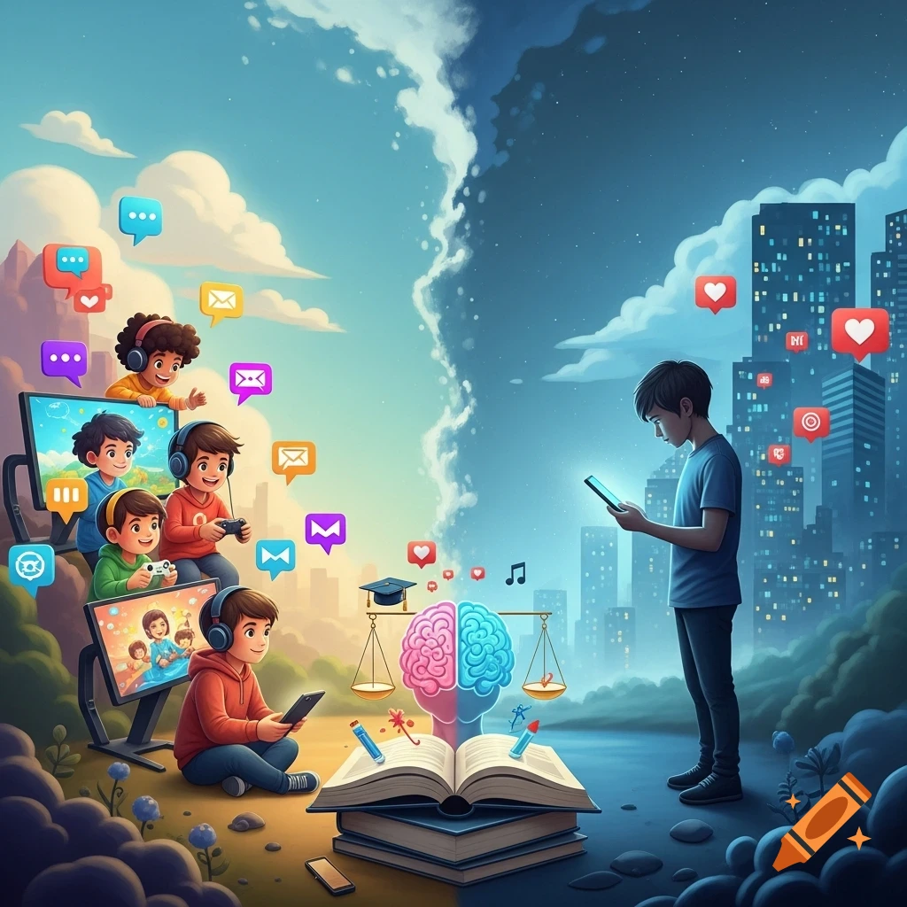 Digital illustration depicting the balance between screen time and education, with kids playing video games and social media icons on one side, and a teen with a phone in a city setting, divided by books and a brain.