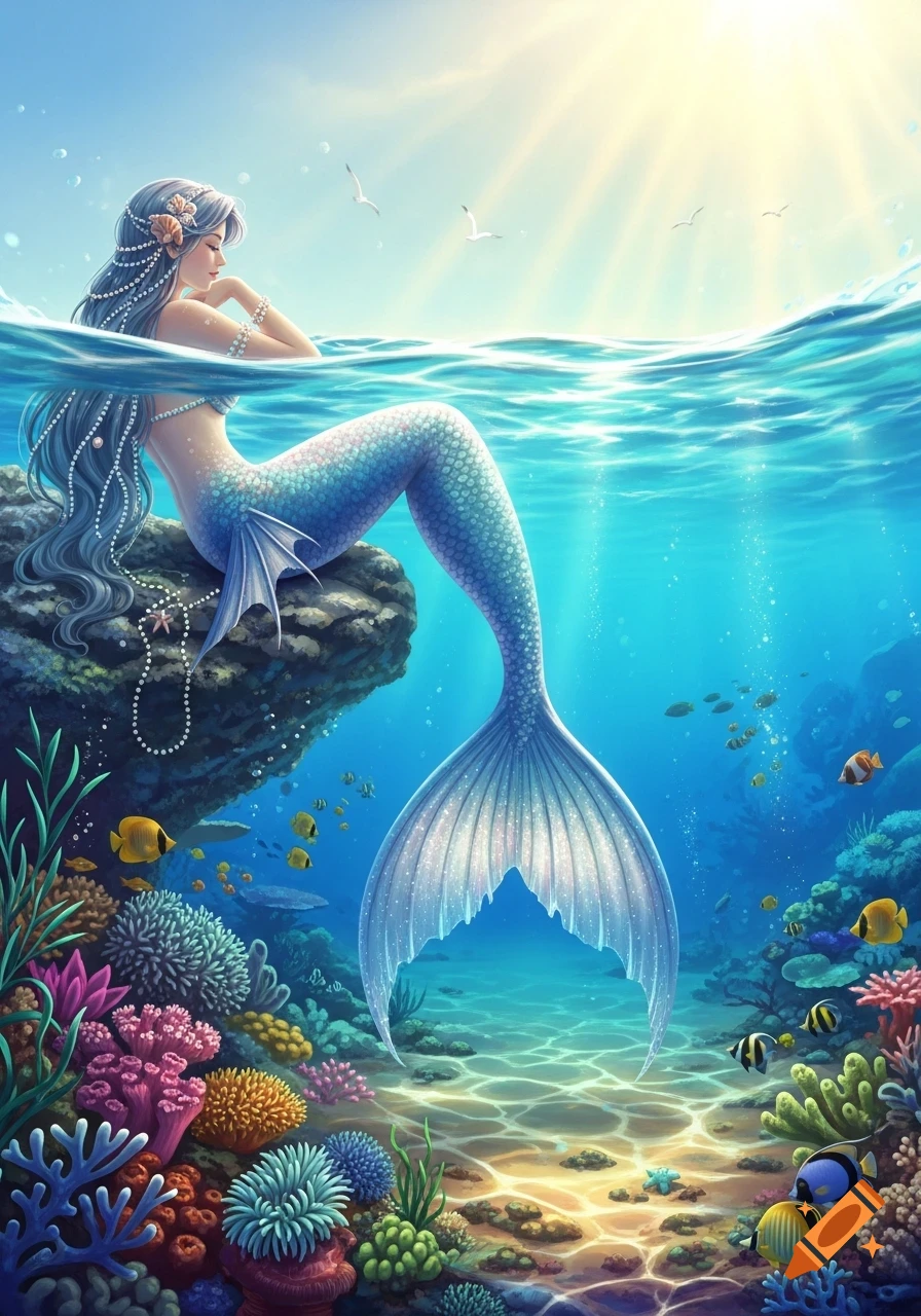 Illustrated mermaid with flowing blue hair sitting on a rock in a clear blue ocean above a vibrant coral reef.